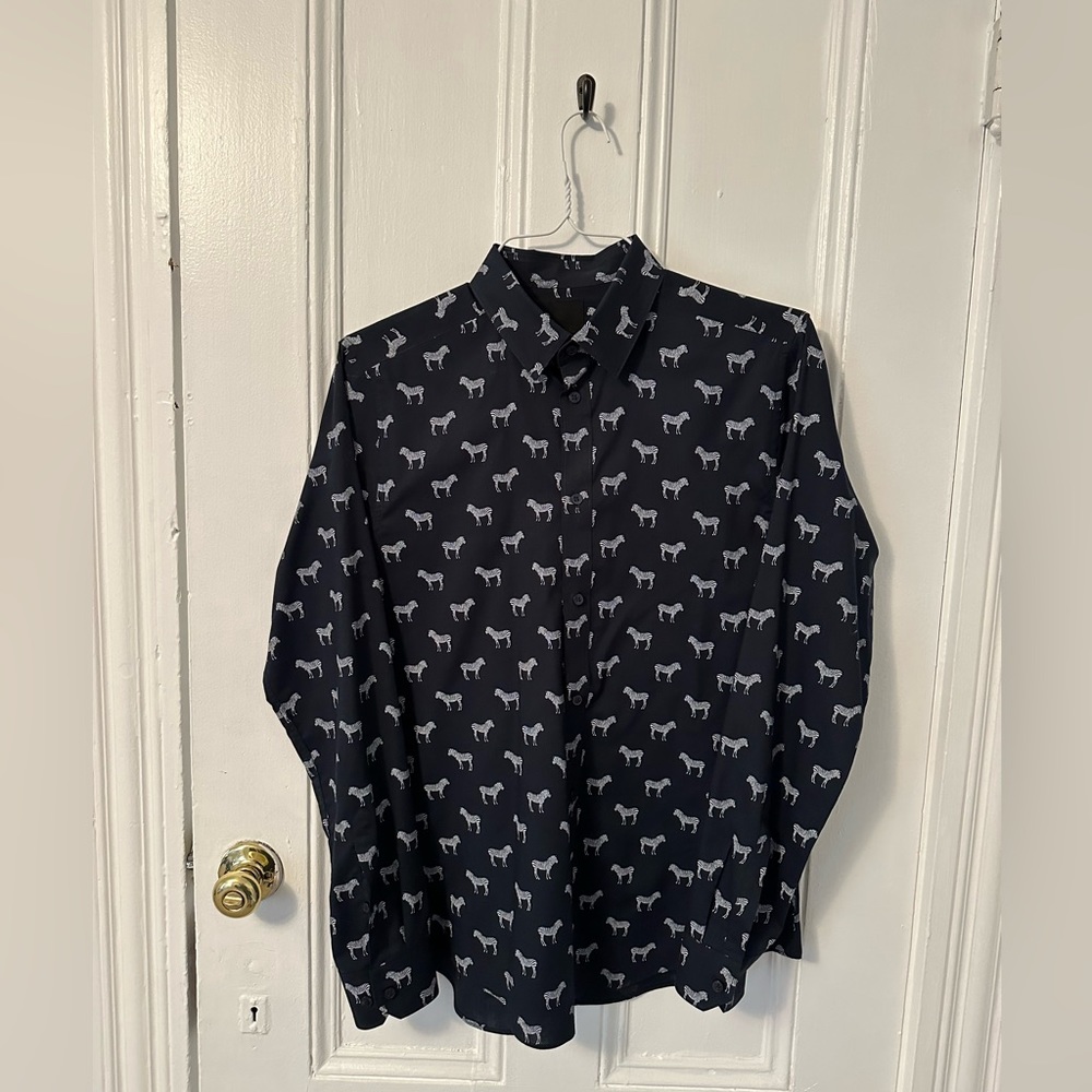 Men's H&M Navy Blue Zebra Print Medium Slim Fit Dress Shirt